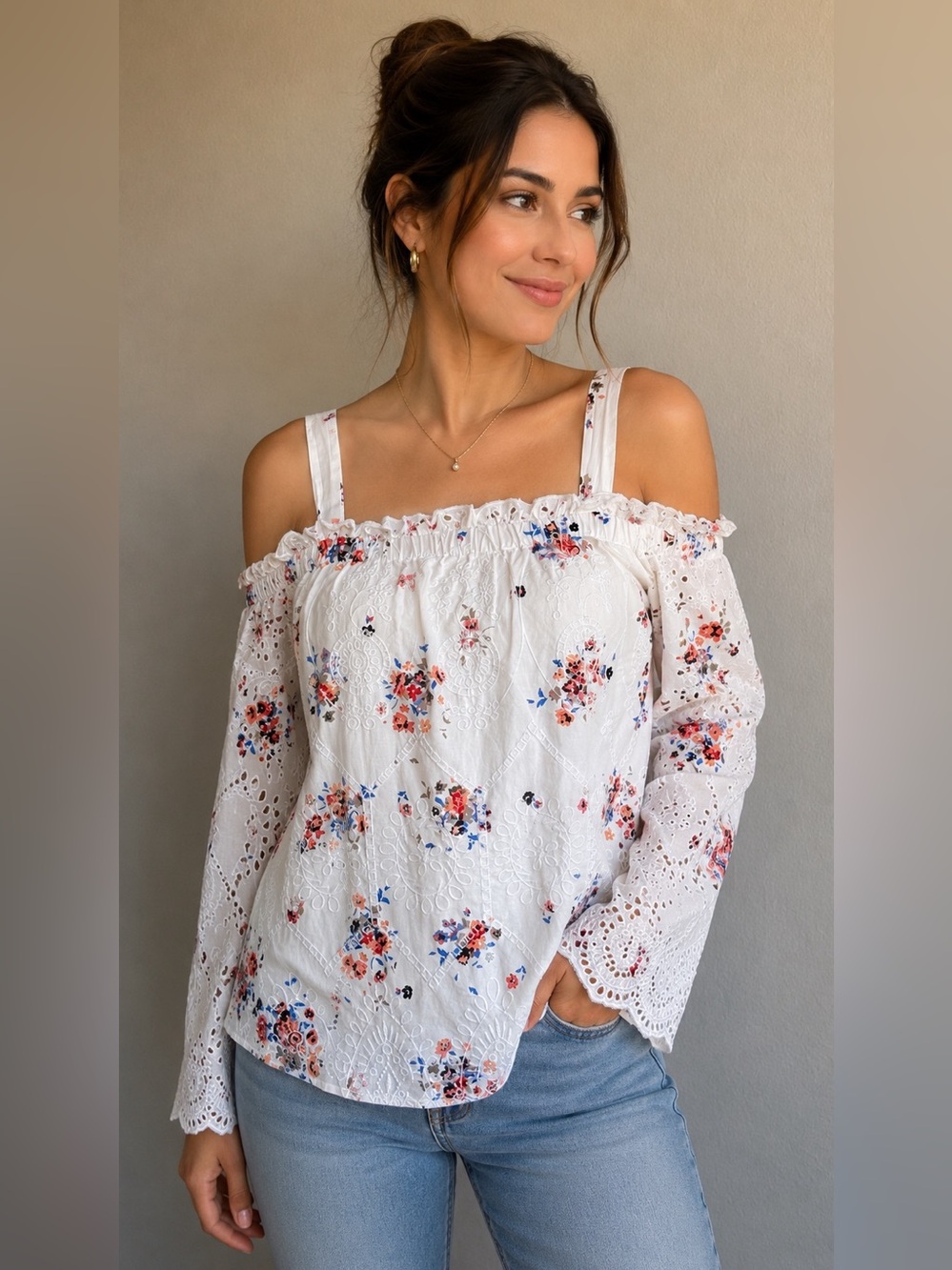 NWT LOFT Floral Embroidered Eyelet Off Shoulder Blouse White Blue Coral Sz S